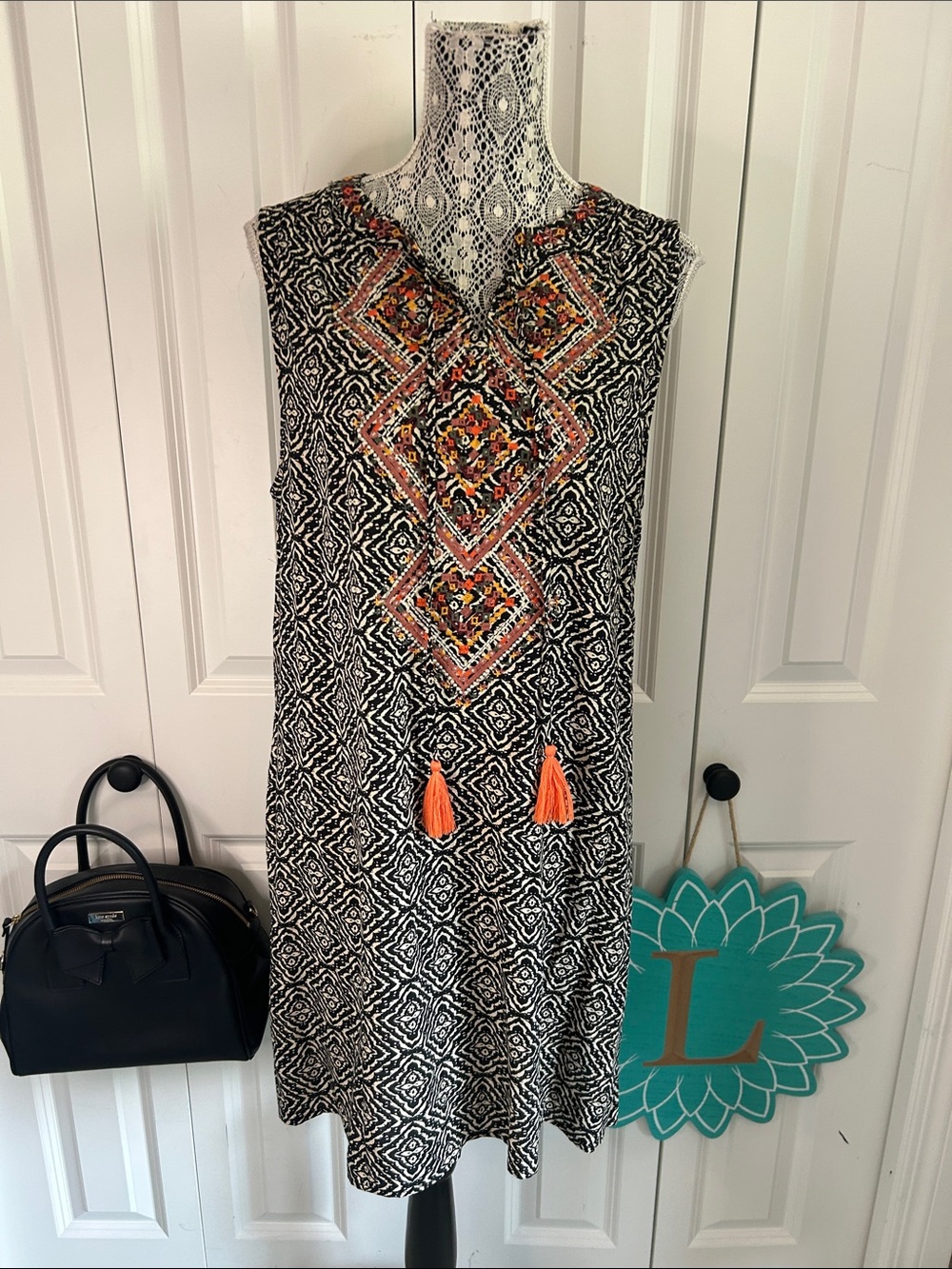 ✨ Boho Chic Embroidered Geometric Shift Dress with Tassels ✨